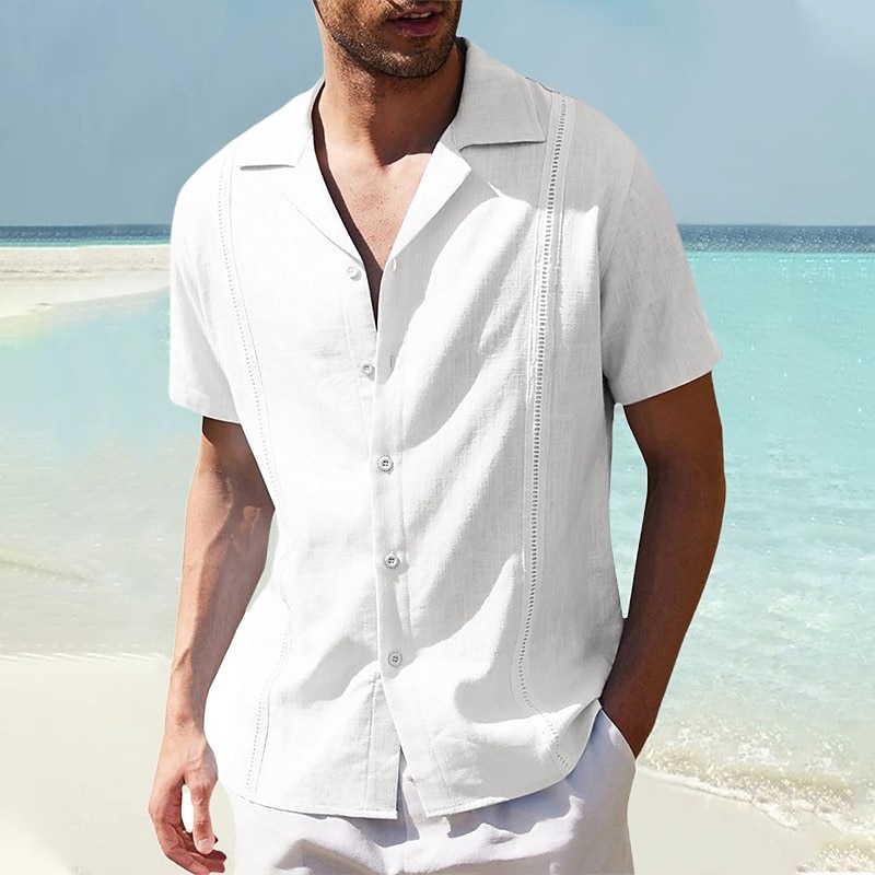 Men's Shirt Linen Shirt Cotton Linen Shirt Guayabera Shirt Summer Shirt Beach Shirt Plain Vacation Casual Black White Navy Blue Blue Short Sleeve Camp Collar Summer Clothing Apparel2
