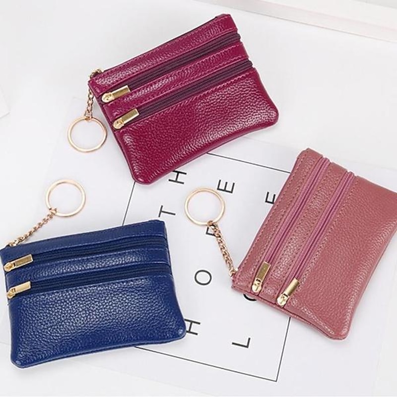 1 Pcs Women Men Leather Coin Purse Card Wallet Clutch Double Zipper Mini Change Bag4