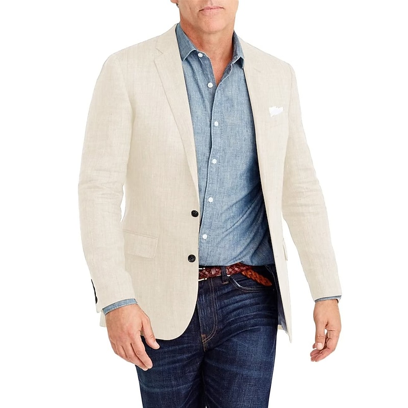 Men's Blazer Jacket Linen Blazer Notch Collar Fashion Casual Solid Colored Sky Blue Dark Grey Army Green Tailored Fit Single Breasted Two-buttons