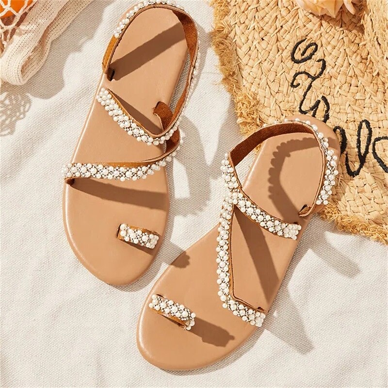 Women's Rhinestone Embellished Flat Sandals with Toe Loop and Crisscross Straps - Elegant Wedding and Summer Beach Shoes2