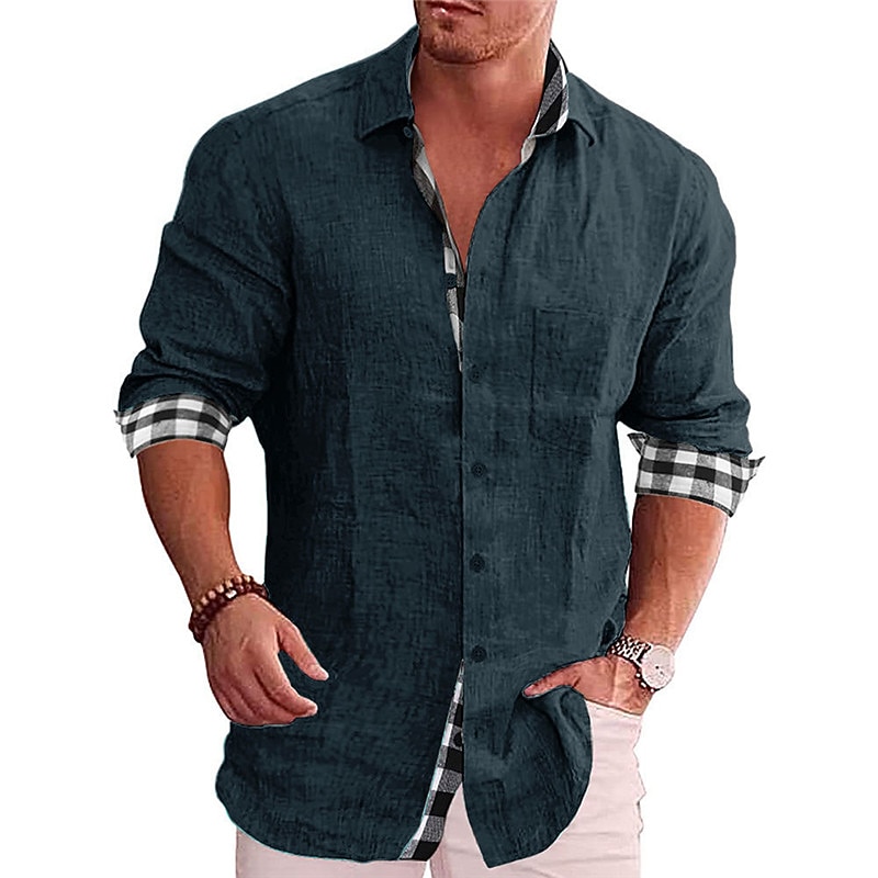 Men's Shirt Linen Shirt Button Up Shirt Summer Shirt Beach Shirt Black White Pink Long Sleeve Color Block Lapel Spring &  Fall Casual Daily Clothing Apparel2