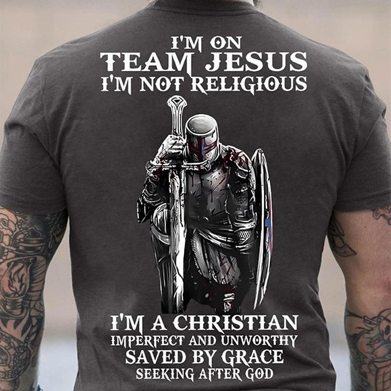 Men's Christian Graphic T-Shirt: Team Jesus, Not Religious, Saved by Grace Knight Tee3