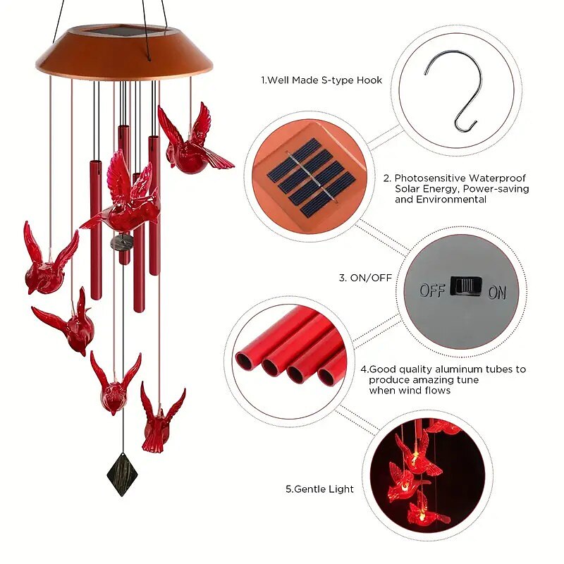 Cardinal Bird Solar Wind Chimes Outdoor Waterproof Garden Lights for Window Decoation Garden Patiio Backyard 6 LEDs Bird2