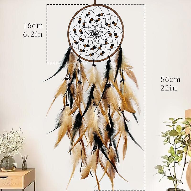 Brown Dream Catcher Handmade Gift Feather Hook Flower Wind Chime with One Circles Ornament Wall Hanging Decor Art Boho Style 16x56cm/6.2''x22''2