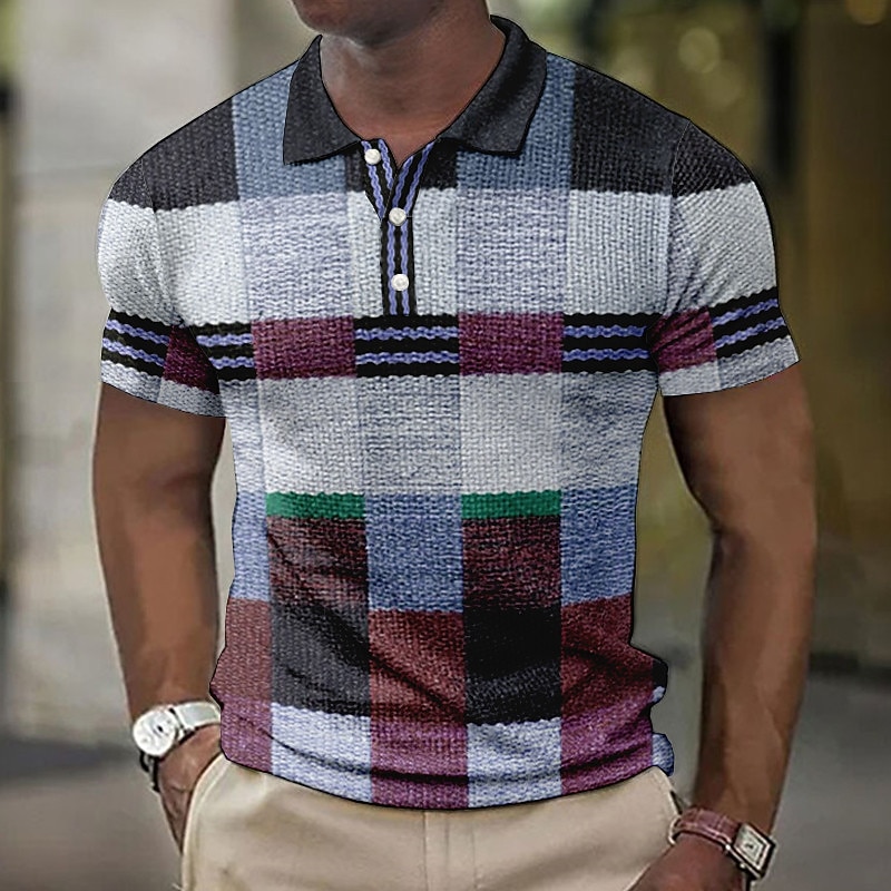 Men's Plaid Waffle Polo Shirts Golf Shirt Short Sleeve Polo Shirts Collared Shirts Vintage Casual Vacation Wear Formal Wear Festival Wear Buttons 3D Print Yellow Light Green Blue2