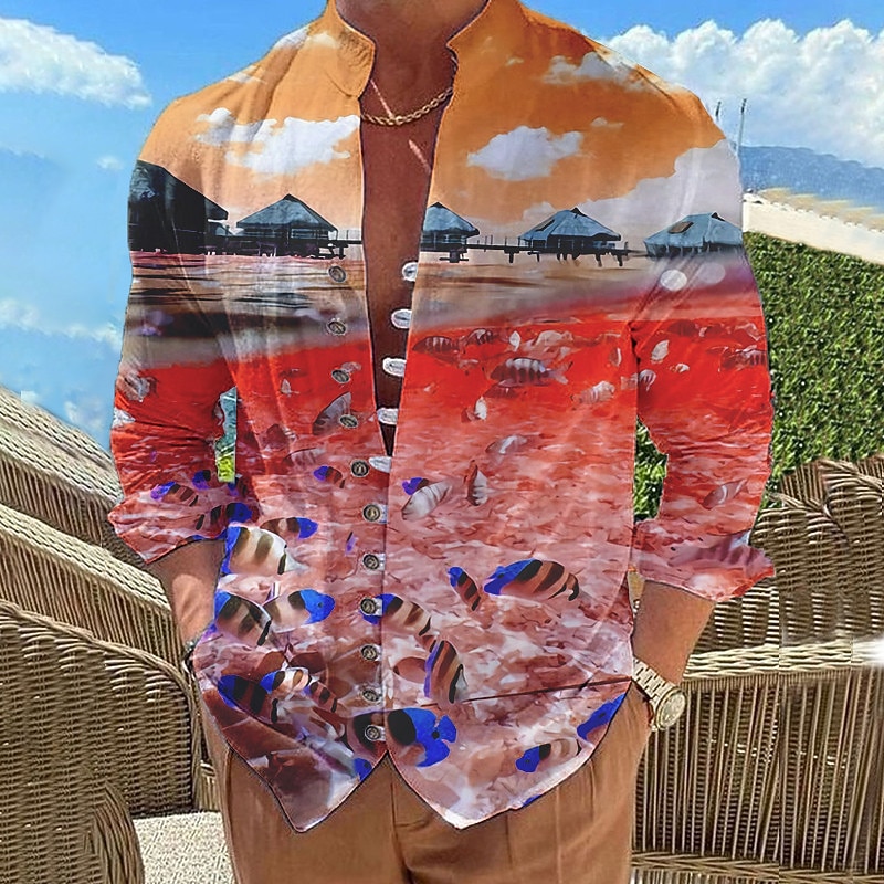 Men's Graphic Prints Fish Beach Shirt Long Sleeve Shirt Stand Collar Outdoor Vacation Red Blue Purple Green Print Clothing Apparel Fashion Designer Casual Comfortable3