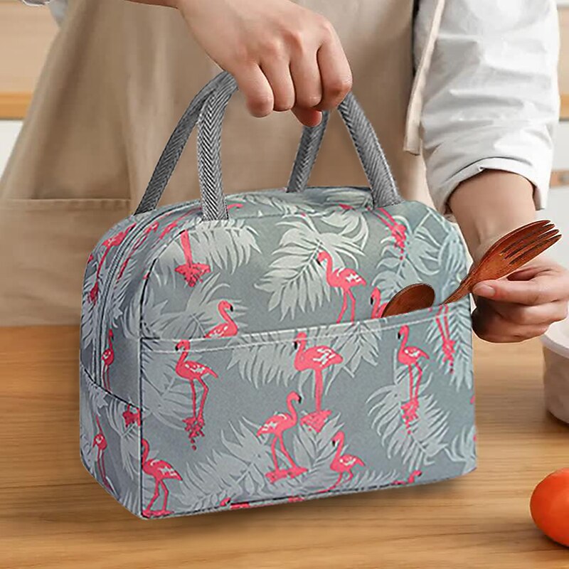 Men's Women's Lunch Bag Oxford Cloth Aluminum Foil Outdoor Office Daily Zipper Print Tiered Insulated Large Capacity Waterproof Solid Color Striped Flamingos Leaf Grey Flamingo Green flamingo