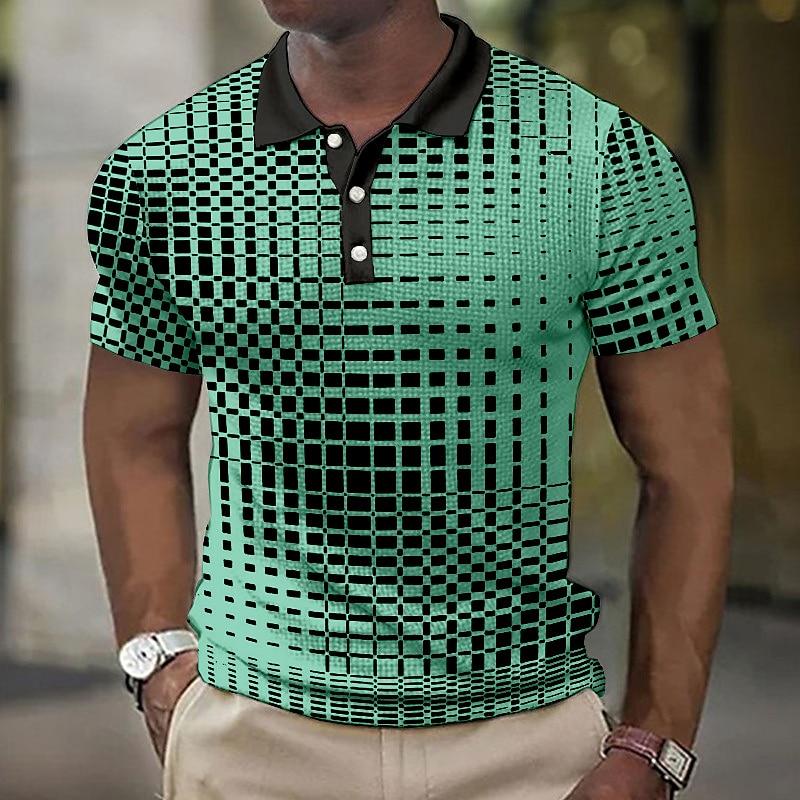 Men's Geometric Waffle Polo Shirts Golf Shirt Short Sleeve Polo Shirts Collared Shirts Business Casual WorkWear Formal Wear Festival Wear 3D Print Buttons Blue-Green White Yellow4