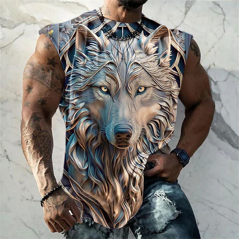 Men's Graphic Animal Wolf Vest Top Sleeveless T Shirt for Men Sleeveless Cap Sleeve T shirt 3D Print Crew Neck Shirt Fashion Designer Muscle Daily Sports Gym White Blue Brown Spring & Summer Clothing3