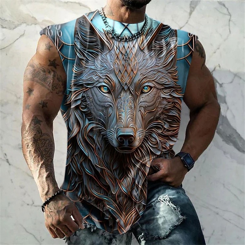 Men's Graphic Animal Wolf Vest Top Sleeveless T Shirt for Men Sleeveless Cap Sleeve T shirt 3D Print Crew Neck Shirt Fashion Designer Muscle Daily Sports Gym White Blue Brown Spring & Summer Clothing2