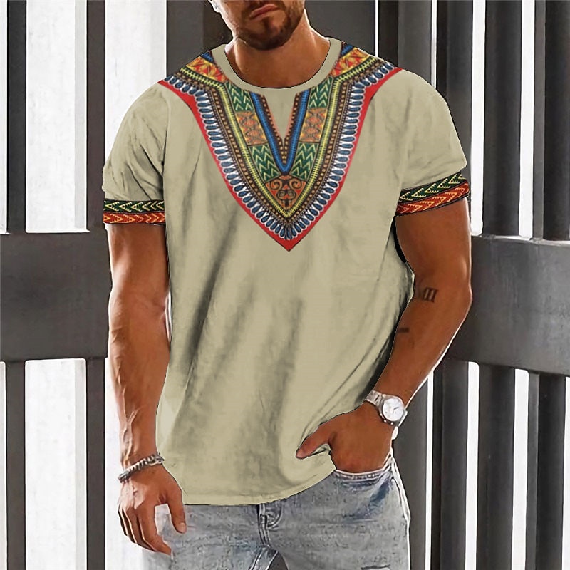 Men's Graphic Color Block Tribal T Shirt Short Sleeve T shirt 3D Print Crew Neck Shirt Fashion Designer Ethnic Outdoor Daily Sports Black White Khaki Spring & Summer Clothing Apparel S M L XL 2XL 3XL