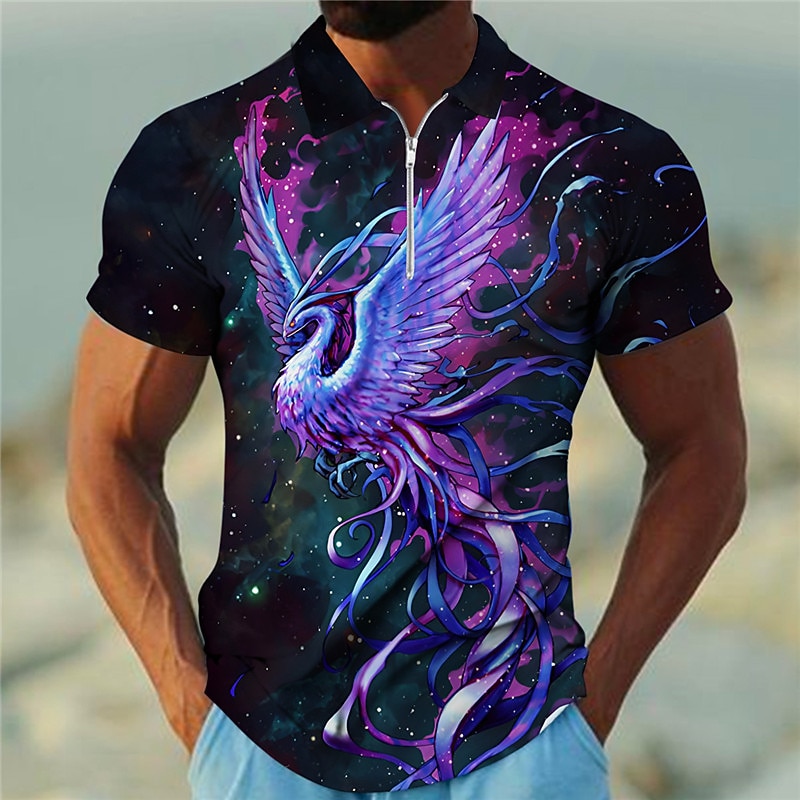 Men's Phoenix Zip Polo Shirts Golf Shirt Short Sleeve Polo Shirts Collared Shirts Casual Funny Streetwear Vacation Wear Party Outfits 3D Print Quarter Zip Polo Yellow Blue Purple3
