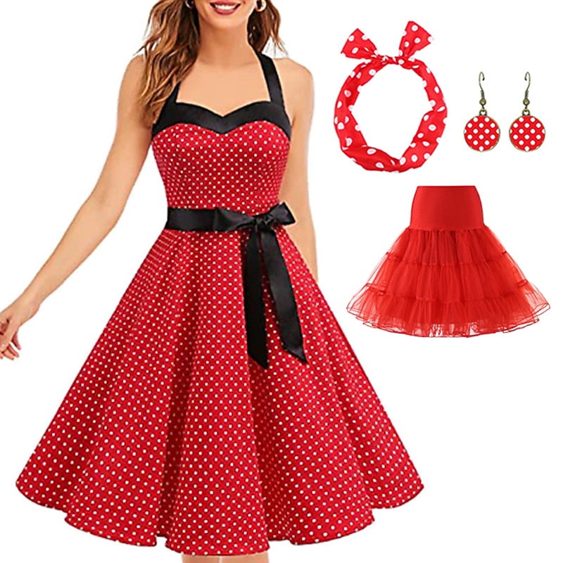 Retro Vintage 1950s Grease Outfits Rockabilly Petticoat Hoop Skirt A-Line Dress Tutu Polka Dot Fancy Dress Women's Party / Evening Masquerade Adults' Dress Earrings Headwear Spring & Summer