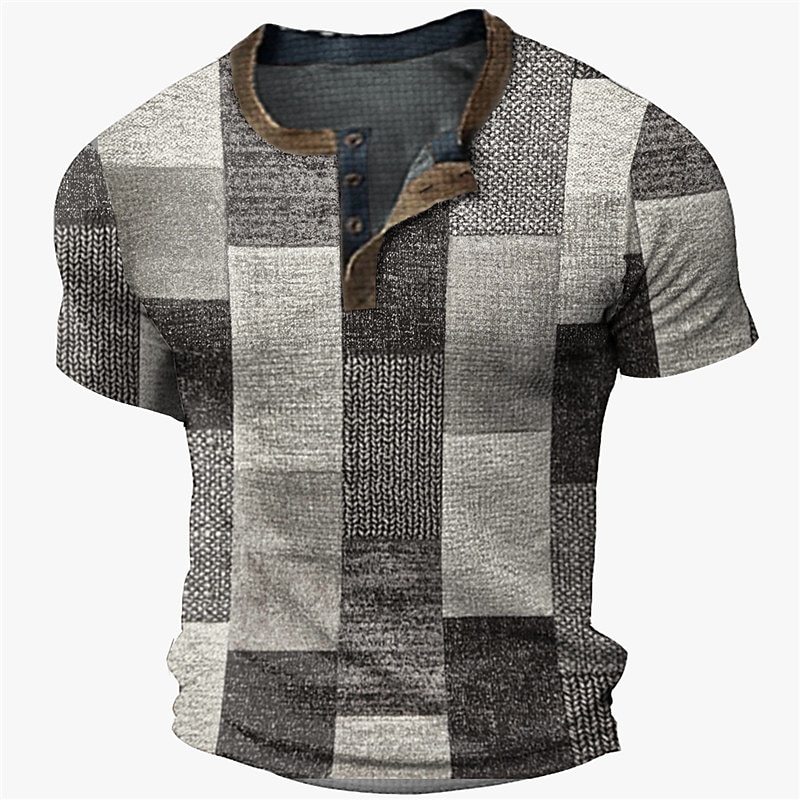 Men's Graphic Color Block Plaid / Check Waffle Henley Shirt Short Sleeve 3D Print Fashion Designer Basic Outdoor Street Daily Summer Yellow Blue Coffee Gray Henley Henley T-Shirt4