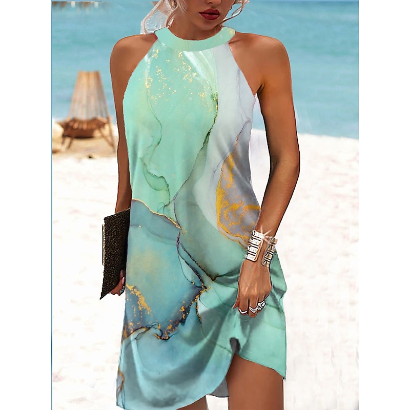 Women's Mini Dress Petite Dress Petite Dress Sundress Summer Dress Halter Neck Dress Active Fashion Streetwear Outdoor Vacation Daily Regular Fit Ombre Color Block Marble Sleeveless Halter3