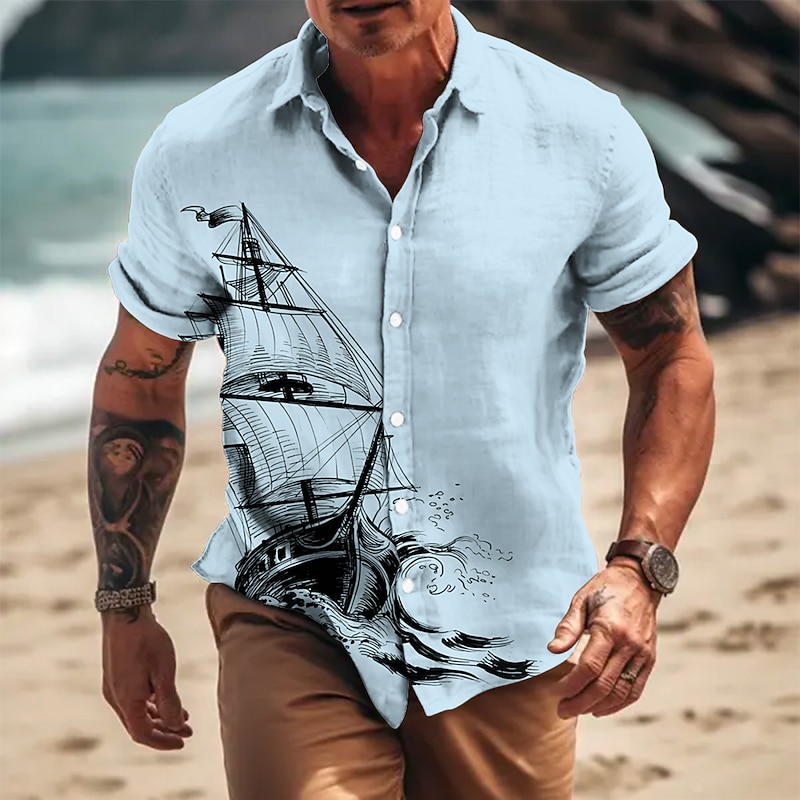 Men's Nautical Vintage Sailboat Shirt Button Up Shirt Short Sleeve Vintage Fashion Designer Outdoor Casual Summer Spring Turndown Print Lake blue Blue Orange Green Khaki4