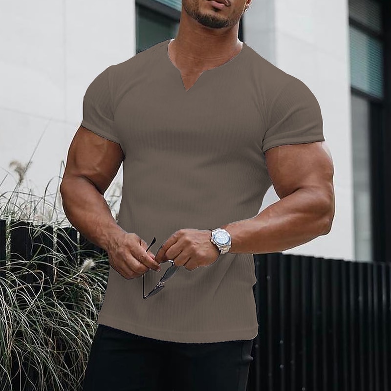 Men's T Shirt Muscle Shirt Ribbed Knit tee Short Sleeve V Neck Summer Plain Fashion Designer Casual Print Street Sports Holiday Black White Pink Top Tee for Men3