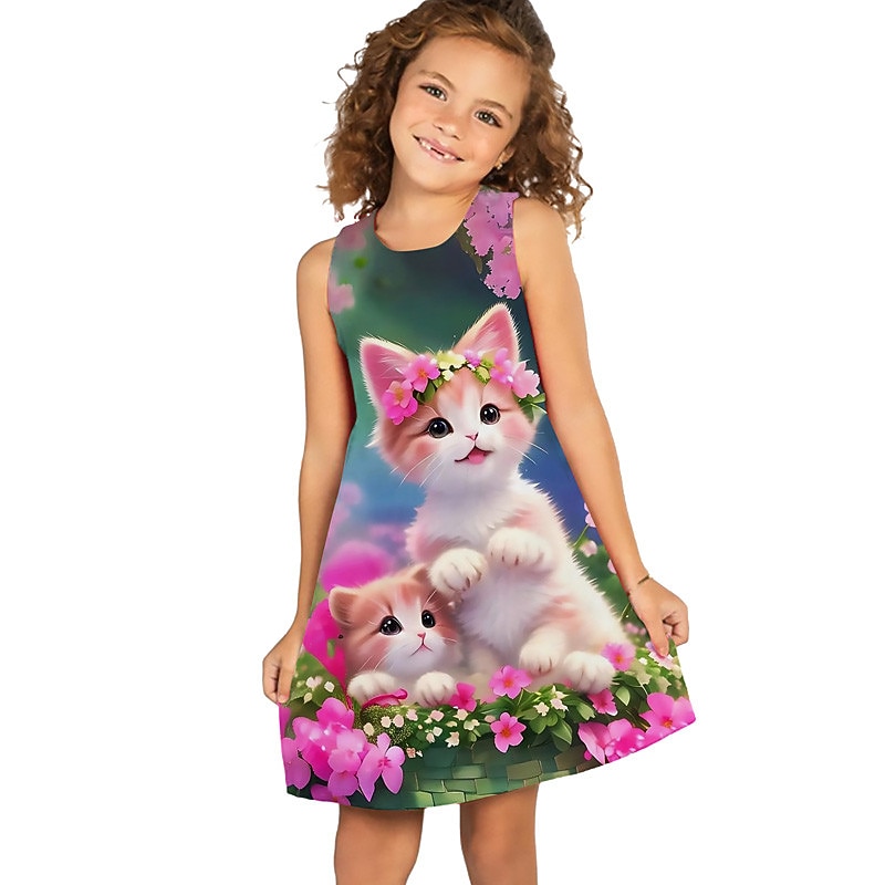 Kids Girls' Dress Graphic Floral Cat Sleeveless Outdoor Casual Fashion Cute Daily Polyester Above Knee Casual Dress A Line Dress Tank Dress Summer Spring 3-12 Years Light Green Navy Blue Sky Blue2