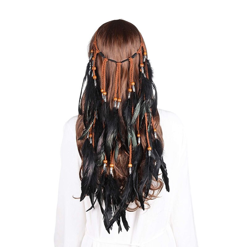 Boho Headdress Feather Headband Accessories Feather Elastic Gypsy Festival Headband Indian Fancy Headpieces 1970s