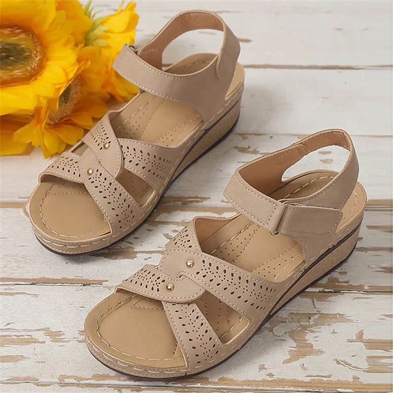 Women's Beige Wedge Sandals with Hook and Loop Strap and Cutout Design, Comfortable Open Toe Shoes for Walking, Summer Travel and Casual Daily Wear4