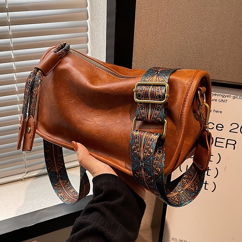 Women's Vintage PU Leather Handbag with Bohemian Strap – Stylish and Spacious Shoulder Bag with Zipper Closure, Perfect for Work, Travel, or Daily Use