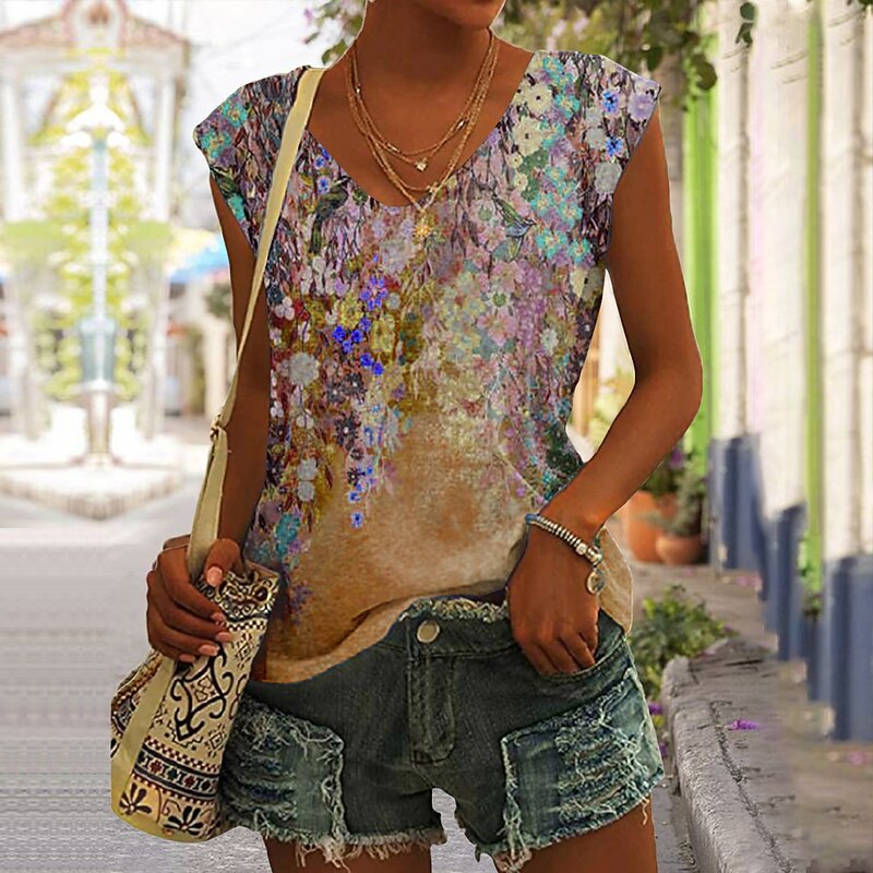 Women's Tank Top Floral Basic Sleeveless V Neck Regular Tops Holiday Print Red Blue Green Khaki3