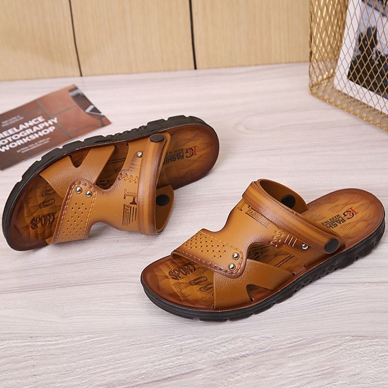 Men's Sandals Leatherette Loafers Leather Sandals Hand Stitching Casual Outdoor PU Breathable Loafer Red-brown820+6 Yellow820+6 Summer Spring4