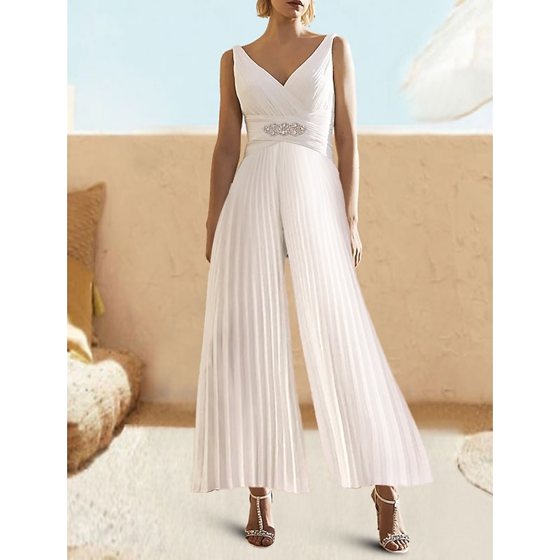 Jumpsuits Elegant Dress Wedding Guest Summer Ankle Length Sleeveless V Neck Chiffon Ladder Back with Pleats Crystals