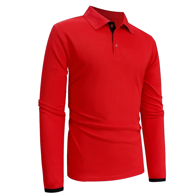 Men's Button Up Polos Polo Shirt Casual Holiday Lapel Long Sleeve Fashion Basic Plain Button Summer Regular Fit Fire Red Black Dark navy Button Up Polos2