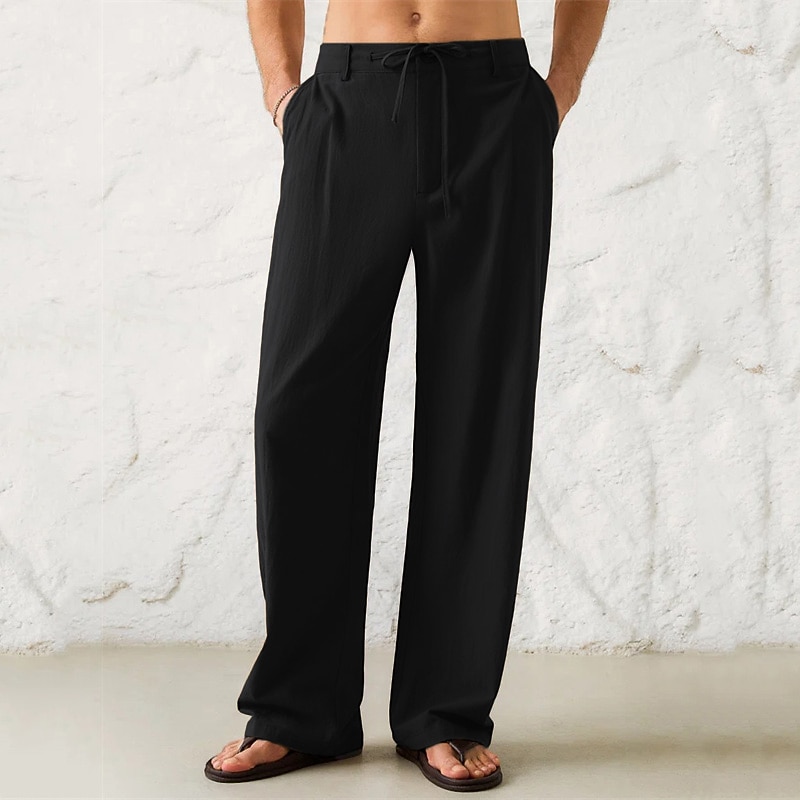 Men's Trousers Summer Pants Beach Pants Drawstring Wide Leg Front Pocket Plain Comfort Soft Casual Daily Fashion Streetwear Black White Micro-elastic2