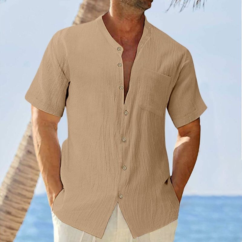 Men's Shirt Chinese Collar Shirt Mandarin Collar Shirt Summer Shirt Casual Shirt Beach Shirt White Blue khaki Gray Short Sleeve Plain Grandad Collar Band Collar Vacation Daily Front Pocket Clothing
