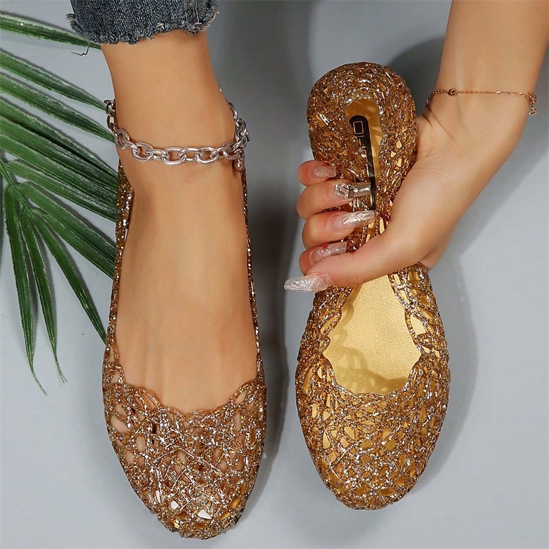 Women's Gold Glitter Jelly Flats - Sparkling Flexible Slip-On Shoes for Summer and Casual Occasions