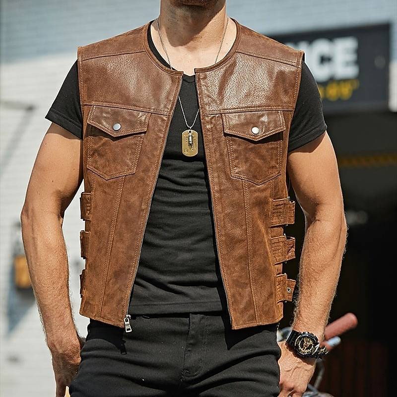 Men's Vest Gilet Daily Wear Vacation Going out Fashion Basic Spring &  Fall Front Pocket Polyester PU Leather Comfortable Plain Zipper Cardigan Crew Neck Regular Fit Black Brown Vest3