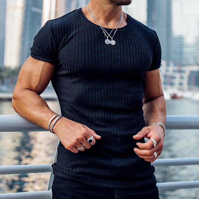 Men's T Shirt Short Sleeves Crewneck Summer Pit Strip Fashion Basic Casual Vacation Going out Casual Daily Navy White Blue Top Tee for Men3