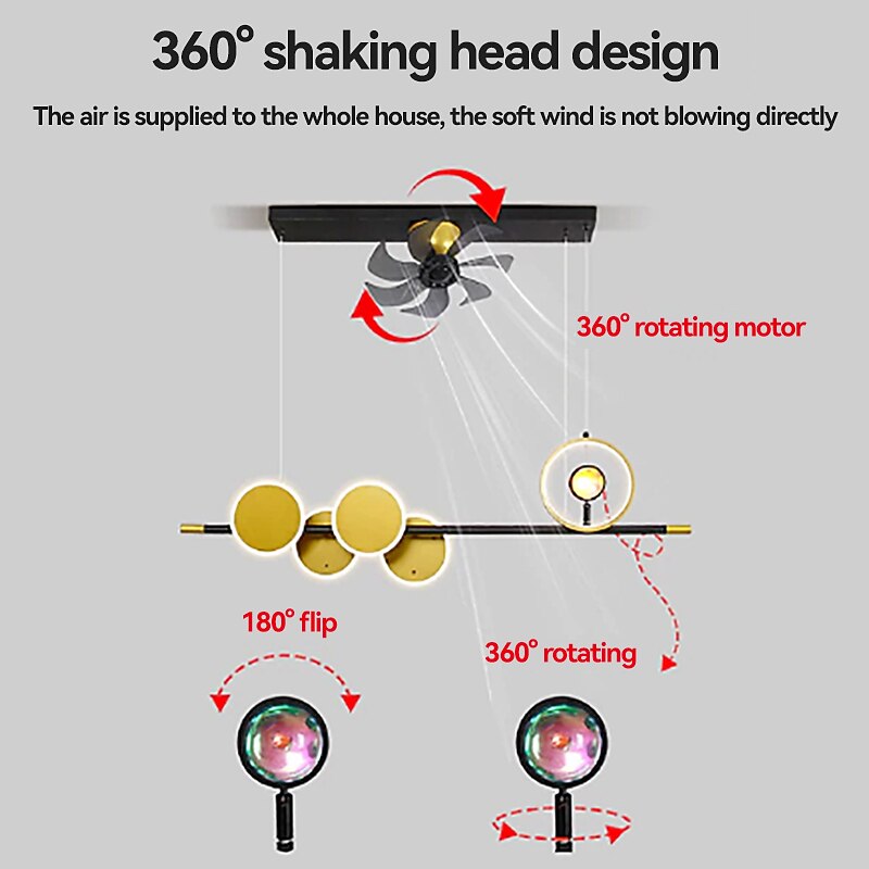 Ceiling Fan with 360°Rotatable Sunset Lamp Liner Design App & Remote Control 100cm 5-Light Dimmable 6 Wind Speeds Modern Ceiling Fan for Bedroom, Living Room, Small Room 110-240V3