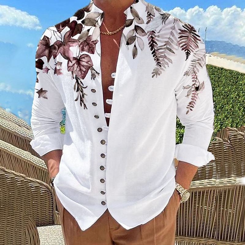 Men's Leaves Shirt Button Up Shirt Long Sleeve Fashion Designer Casual Outdoor Vacation Daily Fall Autumn / Fall Spring & Summer Stand Collar Print Lake blue White Pink Red Blue2