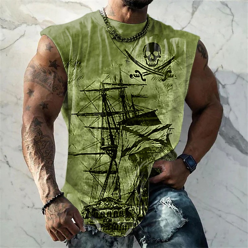 Men's Graphic Ship Nautical Pirate Vest Top Sleeveless T Shirt for Men Sleeveless Cap Sleeve T shirt 3D Print Crew Neck Shirt Fashion Designer Muscle Daily Sports Gym Blue Brown Green Spring & Summer3