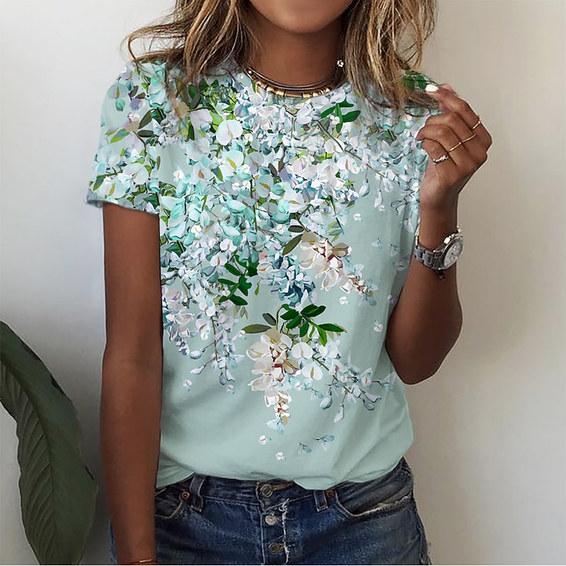 Women's T Shirt Basic Floral Print Short Sleeve Regular Tops Round Neck Holiday Weekend Pink Blue Green3
