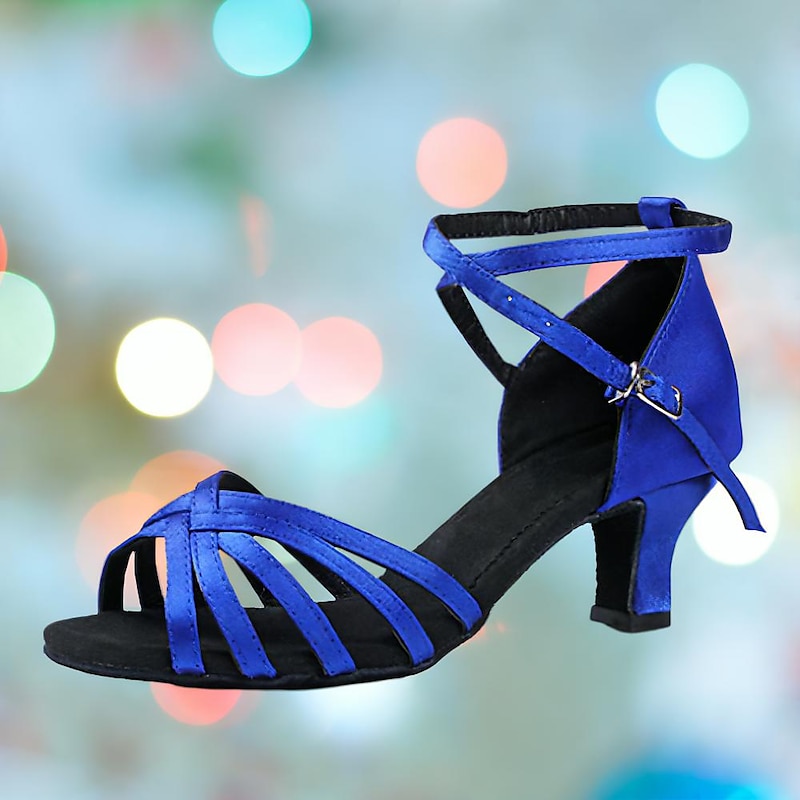 Women's Royal Blue Satin Latin Dance Shoes – Strappy Low Heel Ballroom Sandals for Beginners and Performance Practice