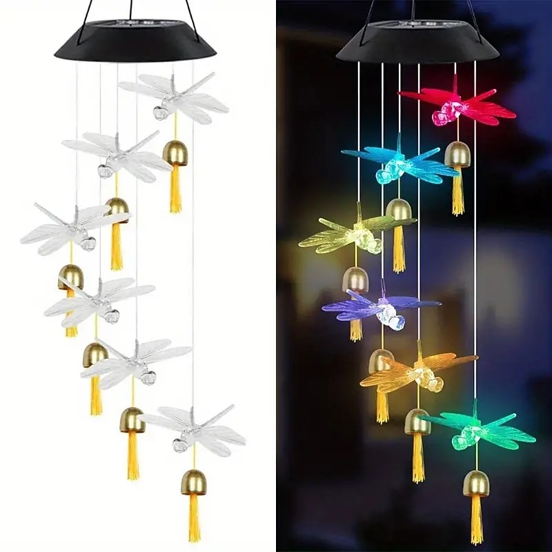 Solar Wind Chimes Bell Dragonfly LED Lights Outdoor Waterproof Auto Light Color-Changing Solar Powered Hanging Lights for Courtyard Garden Patio Festival Decoration3