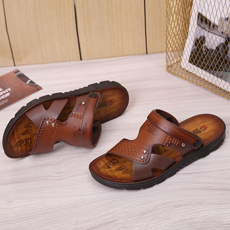 Men's Sandals Leatherette Loafers Leather Sandals Hand Stitching Casual Outdoor PU Breathable Loafer Red-brown820+6 Yellow820+6 Summer Spring3