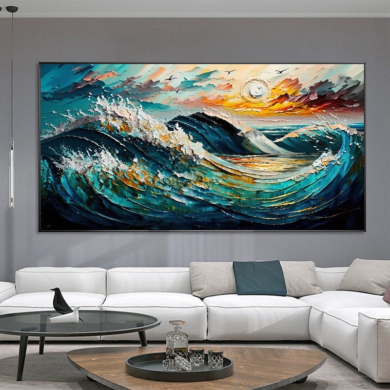 Handmade Oil Painting Canvas Wall Art Decor Original Sunset Abstract Sea View Painting for Home Decor With Stretched Frame/Without Inner Frame Painting