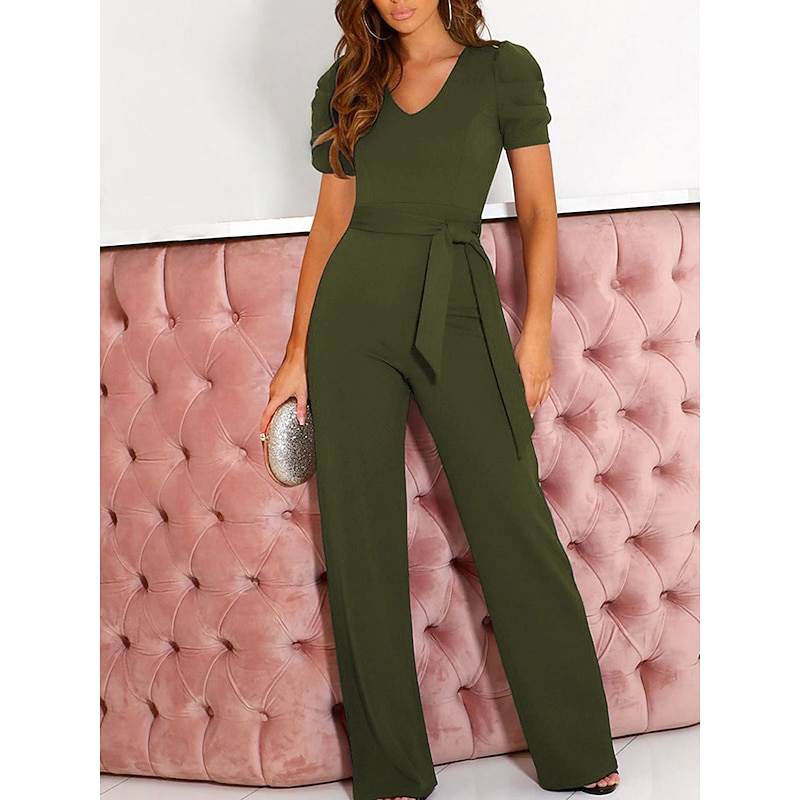 Women's Normal Jumpsuit Elegant Solid Color Short Sleeve V Neck Lace up High Waist Wedding Office Regular Fit Black Army Green Red Summer4