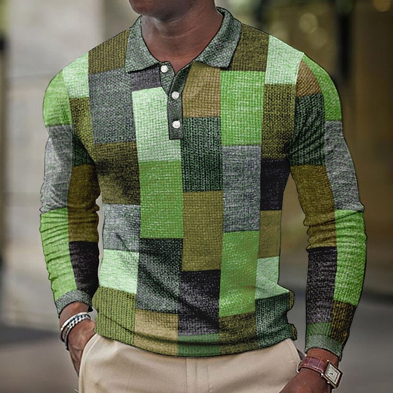 Men's Plaid Waffle Polo Shirts Golf Shirt Long Sleeve Polo Shirts Collared Shirts Vintage Casual Vacation Wear Formal Wear Festival Wear Buttons 3D Print Blue-Green Yellow Blue4