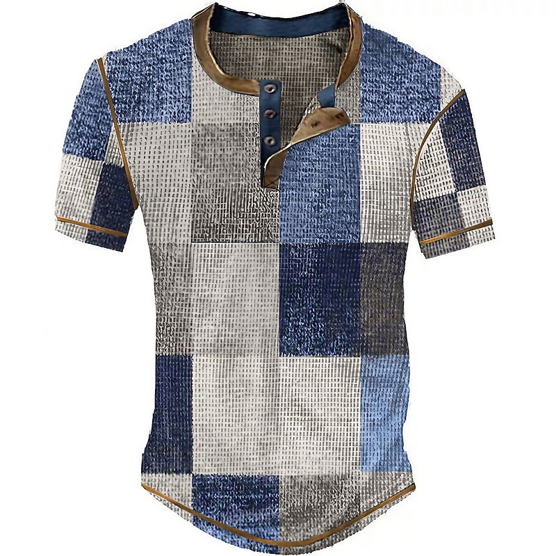 Men's Graphic Plaid Waffle Henley Shirt Short Sleeve 3D Print Fashion Designer Basic Outdoor Daily Summer Blue Sky Blue Red Brown Green Henley Henley T-Shirt