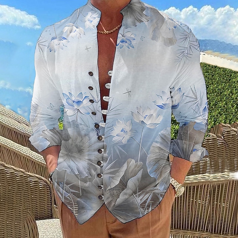 Men's Floral Graphic Prints Shirt Long Sleeve Shirt Stand Collar Outdoor Vacation Yellow Blue Green Gray Print Clothing Apparel Fashion Designer Casual Comfortable2