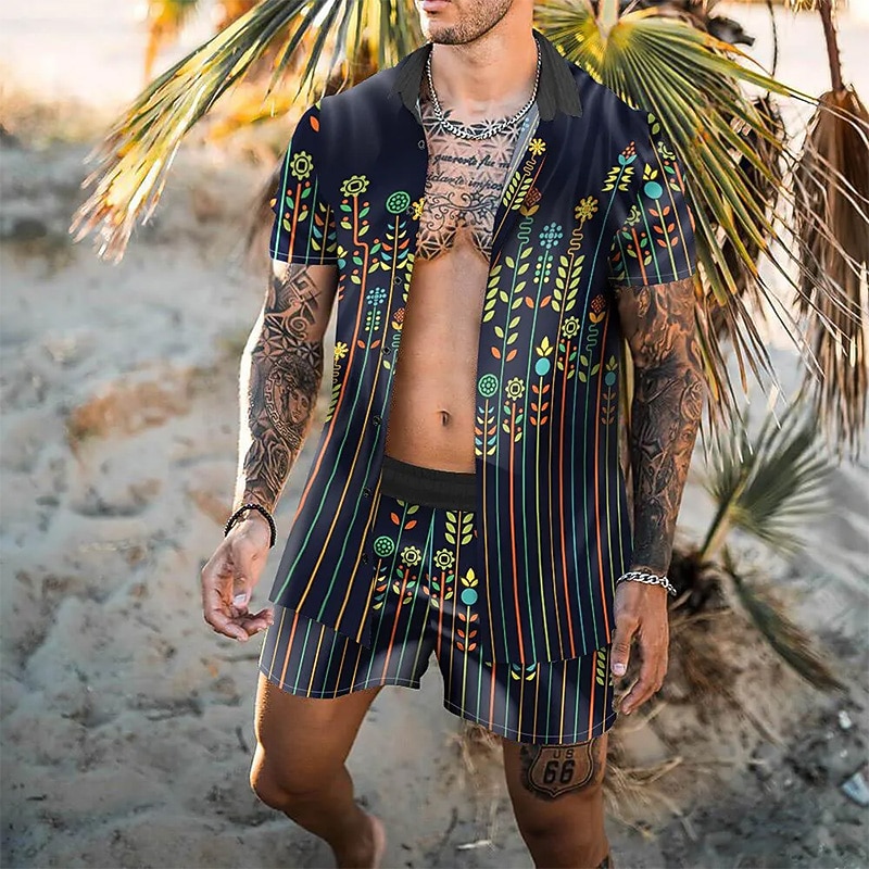 Men's Floral 2pcs Shirts Sets Summer Hawaiian Shirt Short Sleeve Short Pants Turndown Tropical Fashion Hawaiian Casual Holiday Beach Print Summer Spring Black White Yellow3