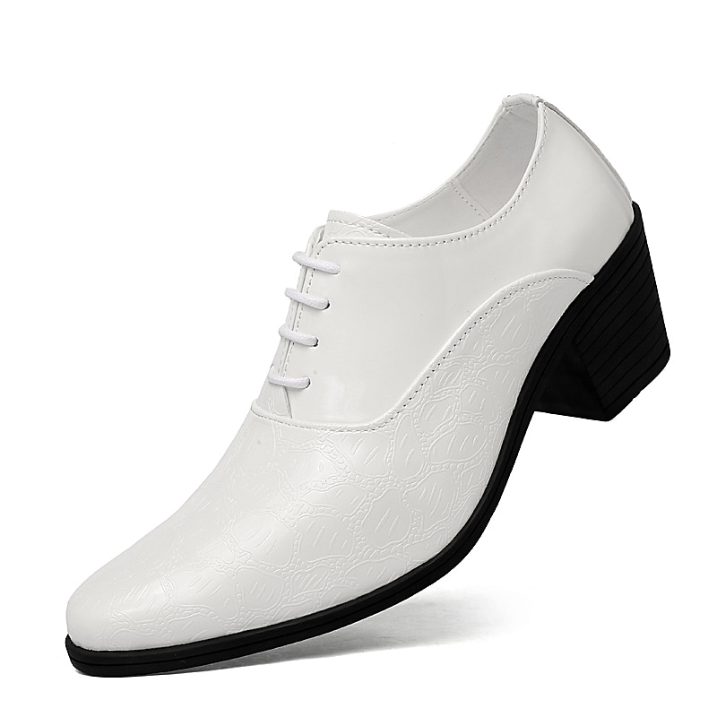 Men's White Patent Faux Leather Lace-Up Oxford Shoes – Vintage Crocodile Embossed Block Heel Dress Shoes for Weddings, Parties & Formal Events