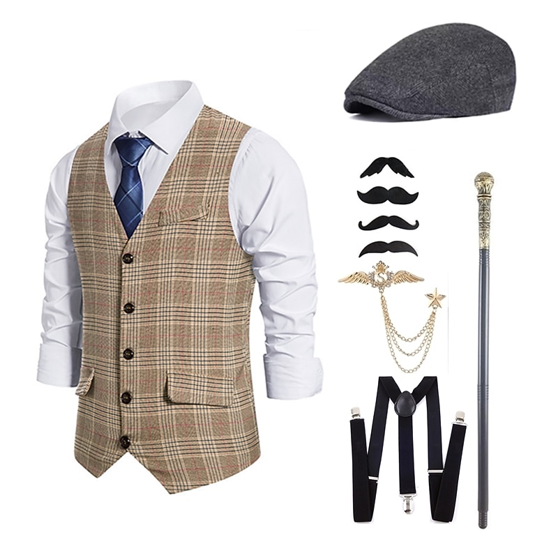 Retro Vintage 1920s Vintage Inspired Outfits Party Costume Masquerade Cosplay Plaid Checkered Collarless Fancy Dress Men's Halloween Carnival Masquerade Halloween Casual Daily Party / Cocktail Adults'