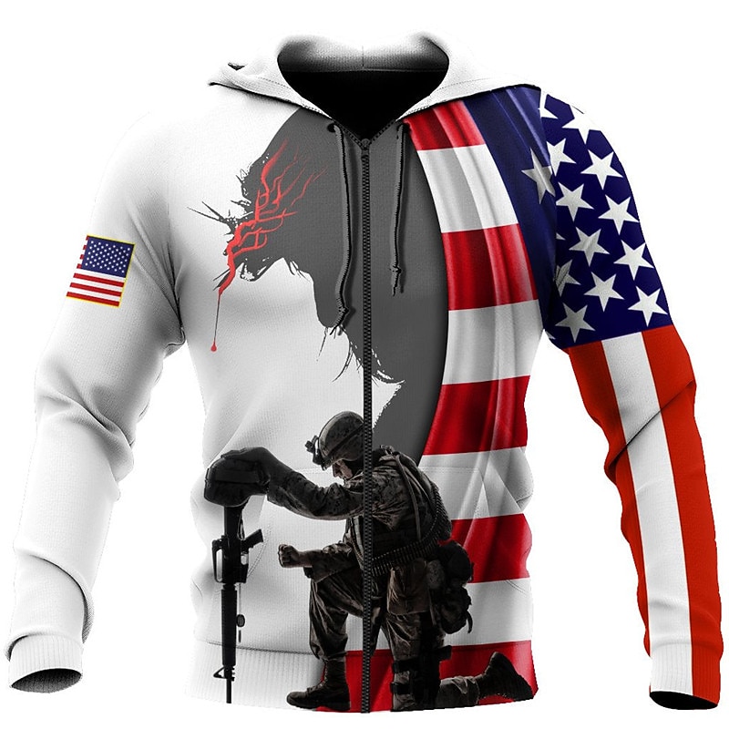 Men's Graphic Prints National Flag Hoodie Hoodies Sweatshirt Streetwear Designer Long Sleeve Hooded Sports & Outdoor Daily Sports White + Light Grey Black Zipper Print Spring &  Fall Designer
